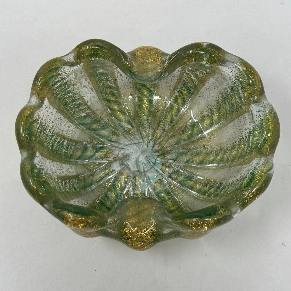 MCM Barovier and Toso Murano Green Gold Flecks Italian Art Glass Scalloped Bowl